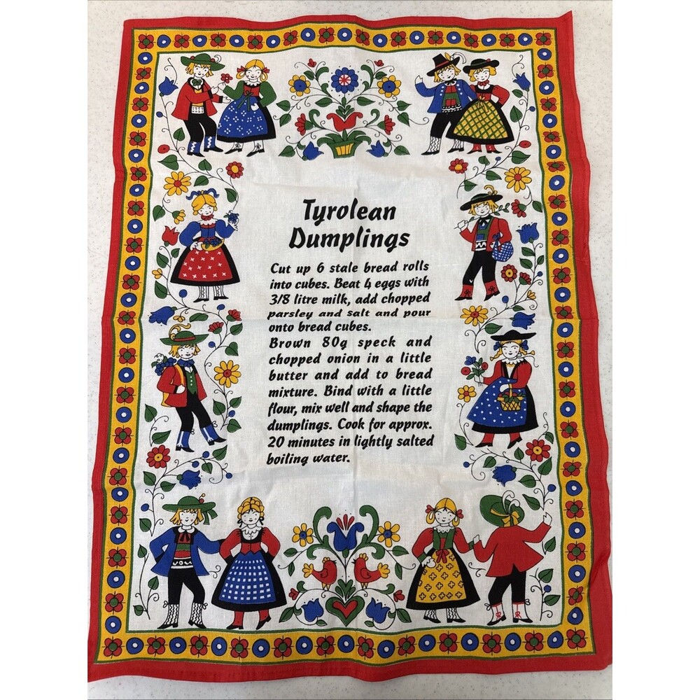 Weger Vtg Tea Towel With Tyrolean Dumpling Recipe German Folk Art 25.5” X 19”